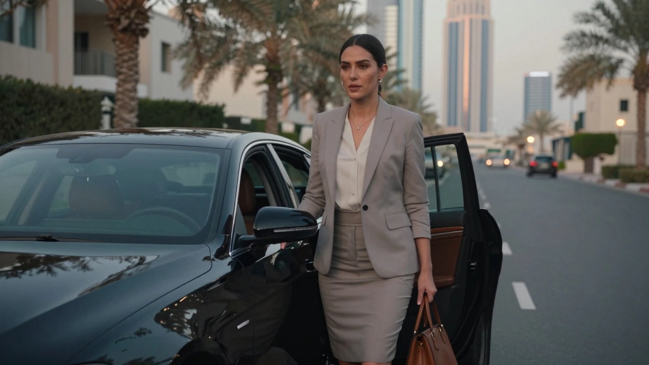 A professional woman exiting a black car in a quiet Dubai neighborhood at dusk, dressed elegantly and alone.