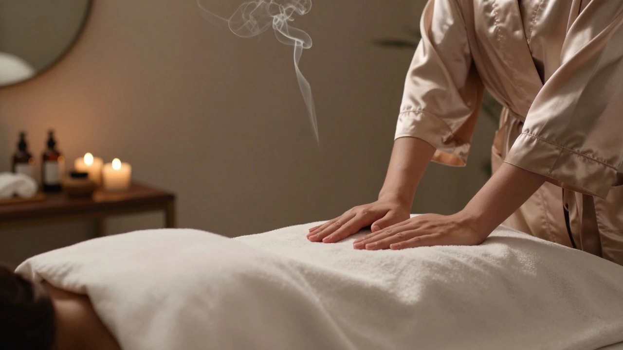 A serene massage setting with warm lighting and aromatic oils, hands in gentle motion, no faces visible.