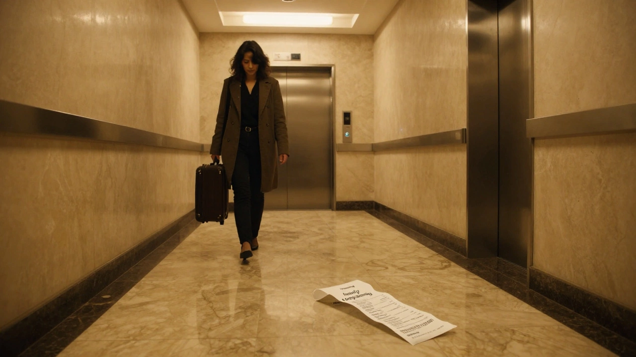A woman walks down a quiet hotel hallway at night, a discarded receipt for companionship service lies on the floor.