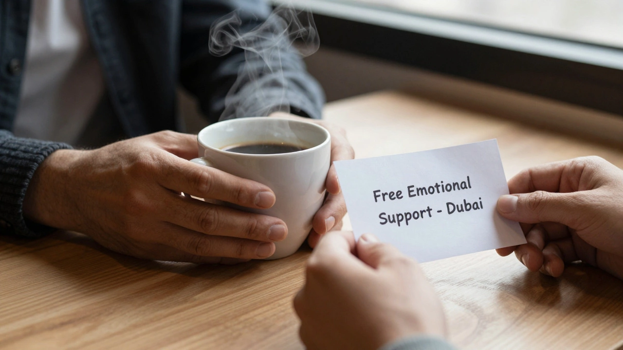 Two hands on a table—one holding coffee, the other holding a flyer for free emotional support in Dubai.